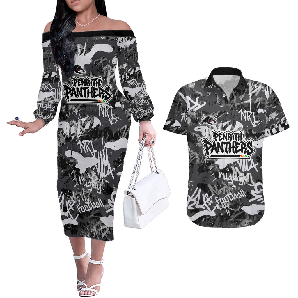 Penrith Panthers Rugby Couples Matching Off The Shoulder Long Sleeve Dress and Hawaiian Shirt Graffiti Typography Urban Camo Abstract Street Style