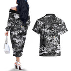 Penrith Panthers Rugby Couples Matching Off The Shoulder Long Sleeve Dress and Hawaiian Shirt Graffiti Typography Urban Camo Abstract Street Style