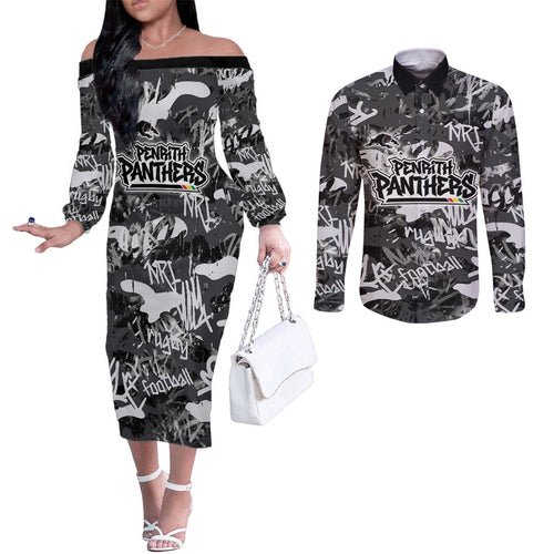 Penrith Panthers Rugby Couples Matching Off The Shoulder Long Sleeve Dress and Long Sleeve Button Shirt Graffiti Typography Urban Camo Abstract Street Style