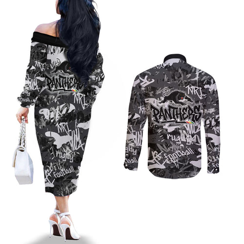 Penrith Panthers Rugby Couples Matching Off The Shoulder Long Sleeve Dress and Long Sleeve Button Shirt Graffiti Typography Urban Camo Abstract Street Style
