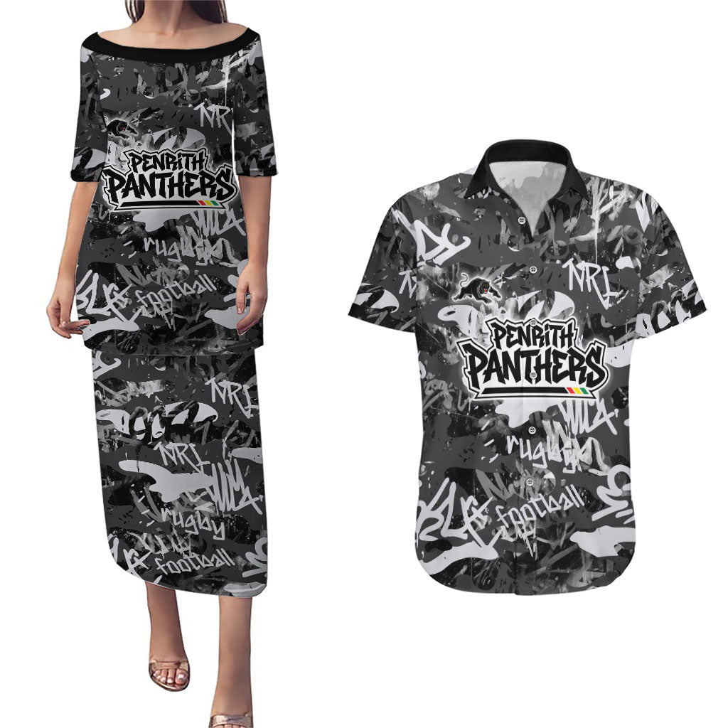 Penrith Panthers Rugby Couples Matching Puletasi and Hawaiian Shirt Graffiti Typography Urban Camo Abstract Street Style