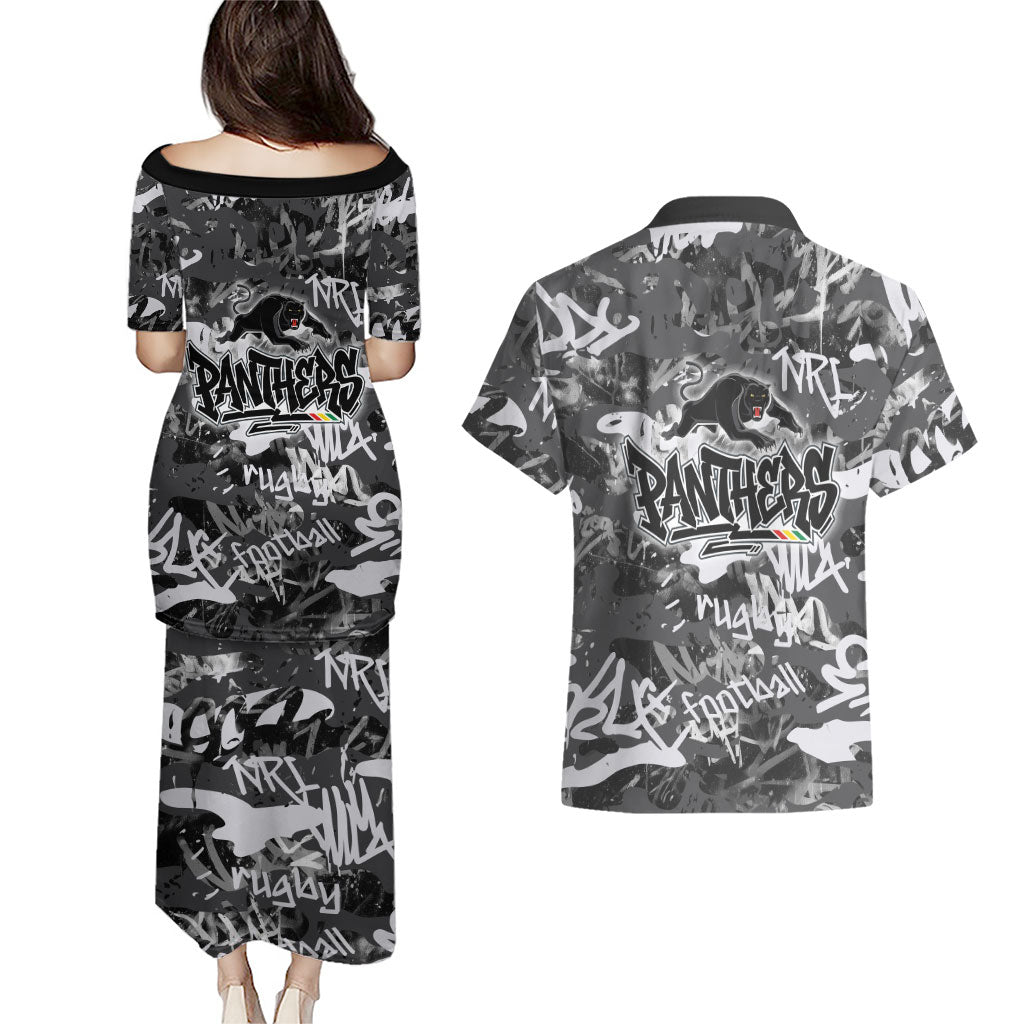 Penrith Panthers Rugby Couples Matching Puletasi and Hawaiian Shirt Graffiti Typography Urban Camo Abstract Street Style