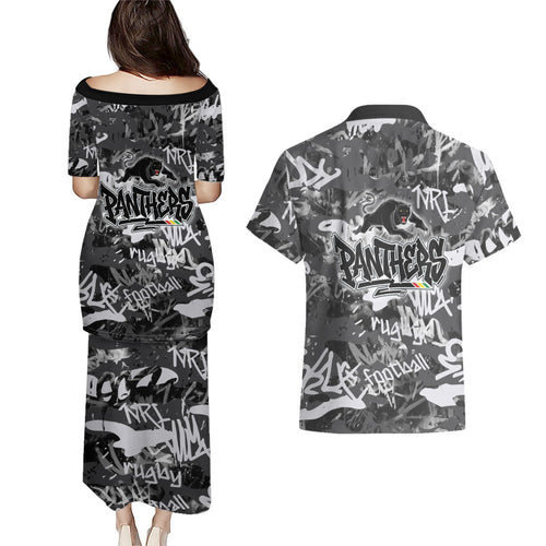 Penrith Panthers Rugby Couples Matching Puletasi and Hawaiian Shirt Graffiti Typography Urban Camo Abstract Street Style