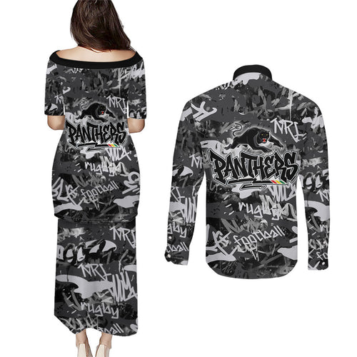 Penrith Panthers Rugby Couples Matching Puletasi and Long Sleeve Button Shirt Graffiti Typography Urban Camo Abstract Street Style