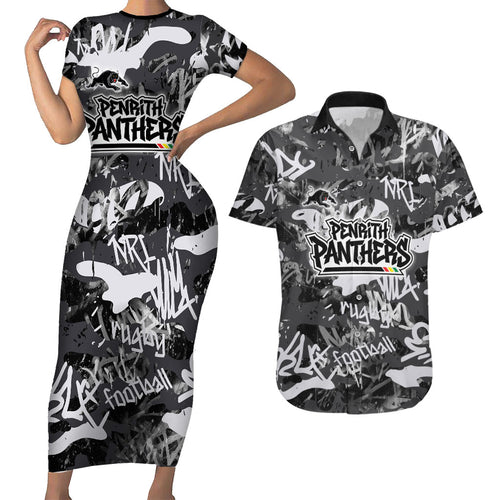 Penrith Panthers Rugby Couples Matching Short Sleeve Bodycon Dress and Hawaiian Shirt Graffiti Typography Urban Camo Abstract Street Style