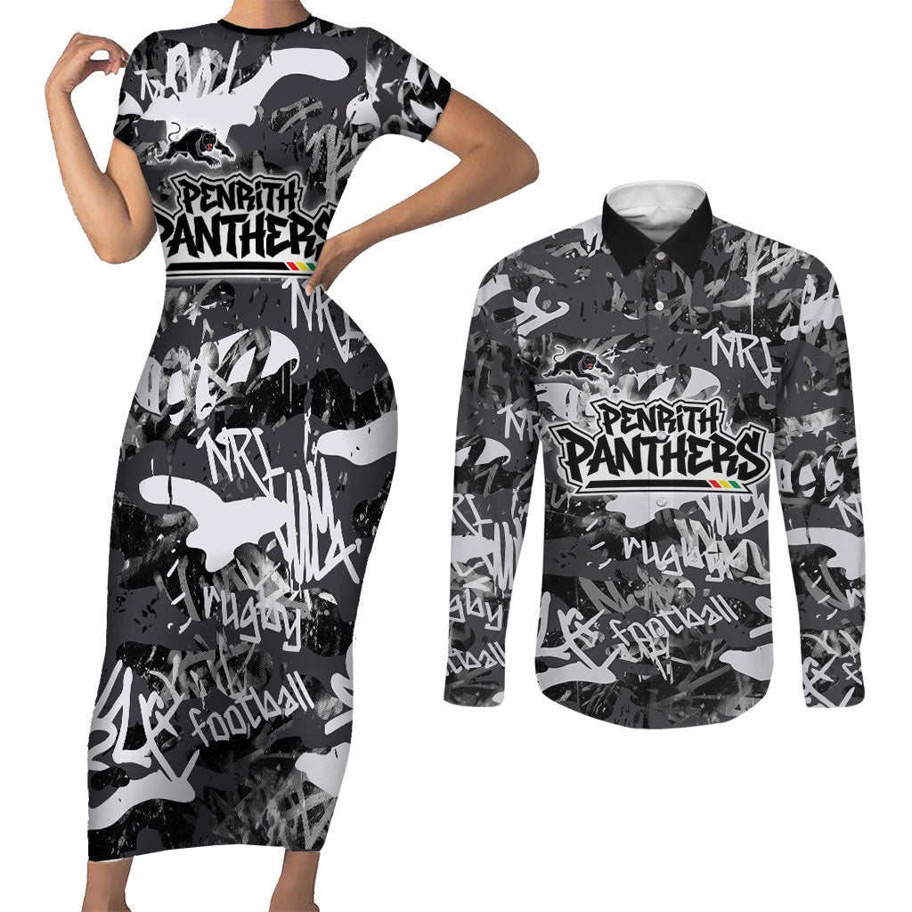 Penrith Panthers Rugby Couples Matching Short Sleeve Bodycon Dress and Long Sleeve Button Shirt Graffiti Typography Urban Camo Abstract Street Style