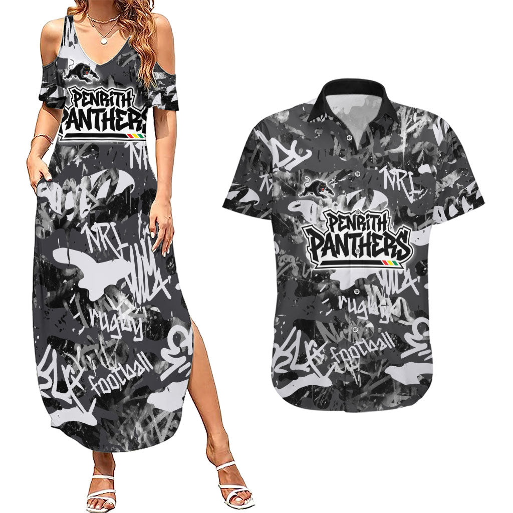 Penrith Panthers Rugby Couples Matching Summer Maxi Dress and Hawaiian Shirt Graffiti Typography Urban Camo Abstract Street Style