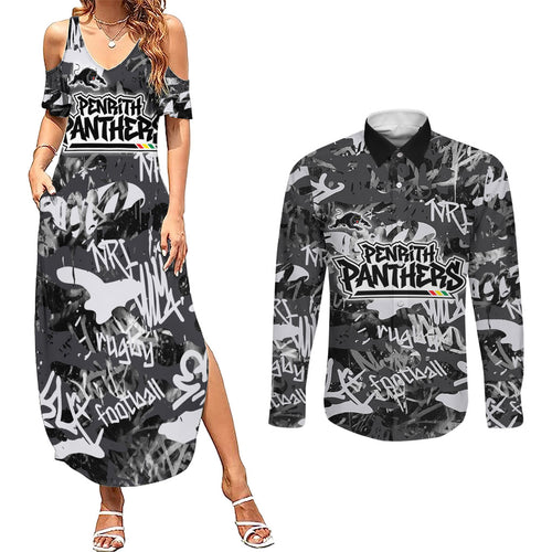 Penrith Panthers Rugby Couples Matching Summer Maxi Dress and Long Sleeve Button Shirt Graffiti Typography Urban Camo Abstract Street Style