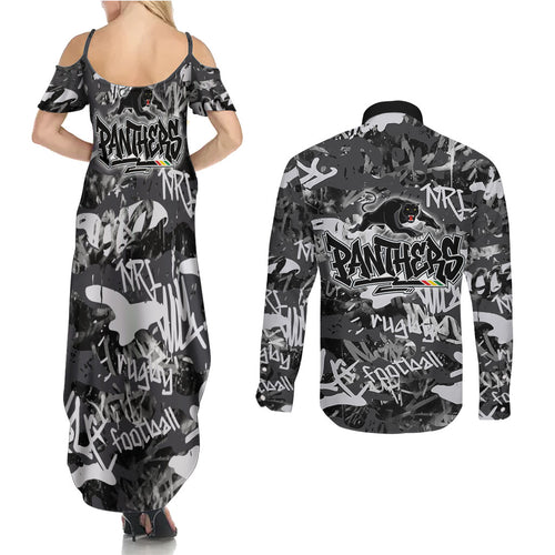 Penrith Panthers Rugby Couples Matching Summer Maxi Dress and Long Sleeve Button Shirt Graffiti Typography Urban Camo Abstract Street Style