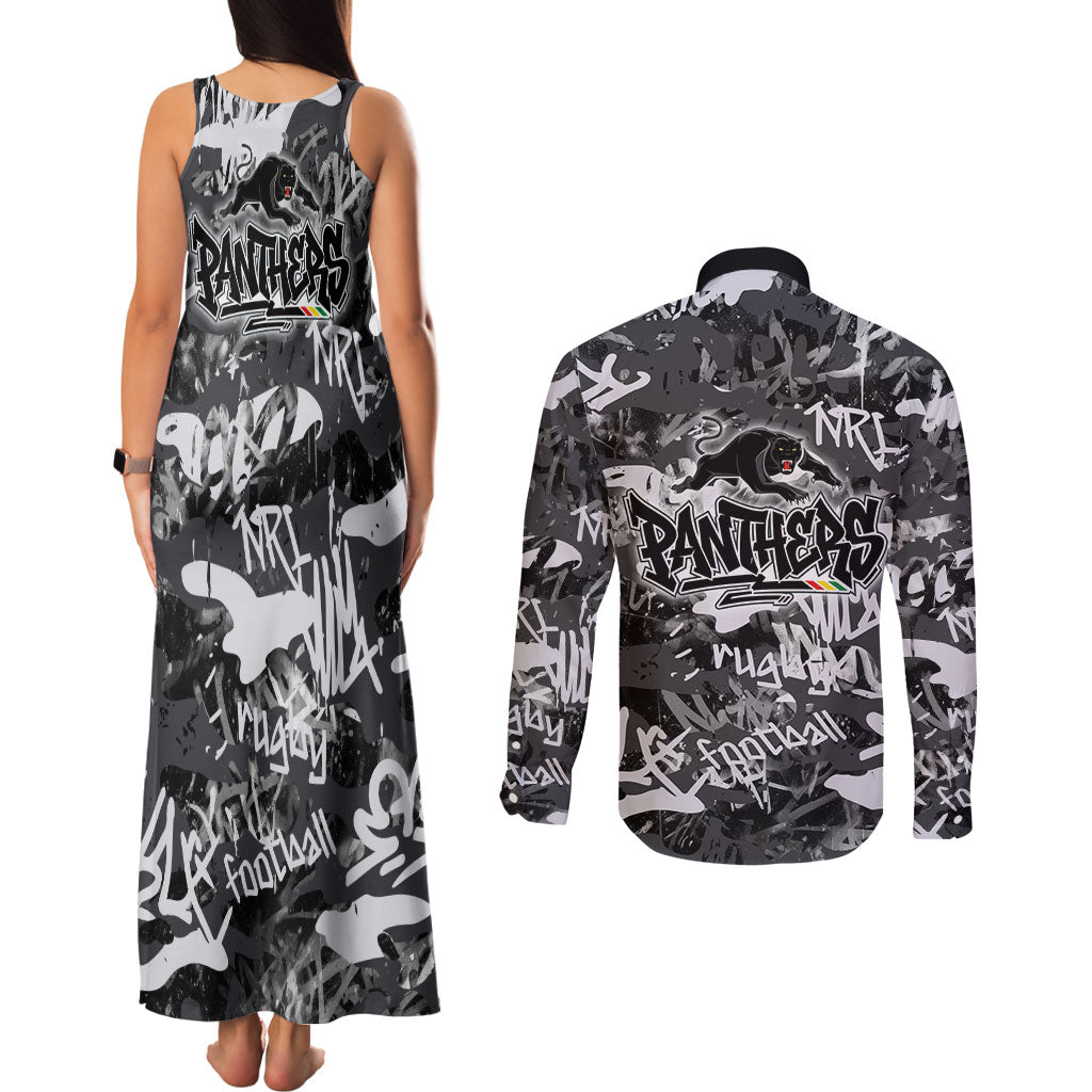Penrith Panthers Rugby Couples Matching Tank Maxi Dress and Long Sleeve Button Shirt Graffiti Typography Urban Camo Abstract Street Style