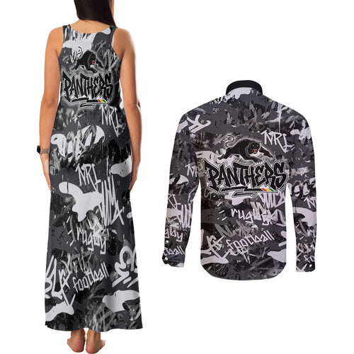 Penrith Panthers Rugby Couples Matching Tank Maxi Dress and Long Sleeve Button Shirt Graffiti Typography Urban Camo Abstract Street Style