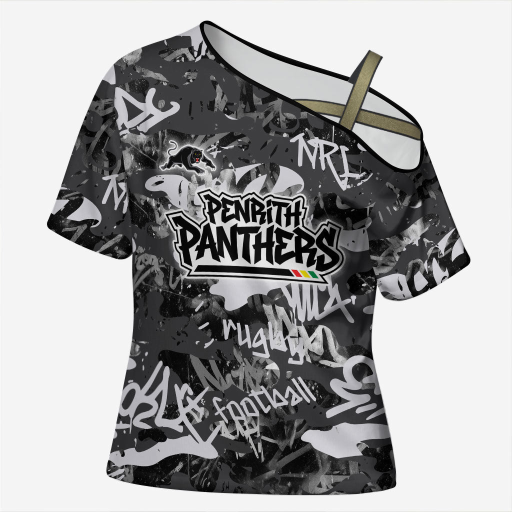 Penrith Panthers Rugby Cross Shoulder Shirt Graffiti Typography Urban Camo Abstract Street Style
