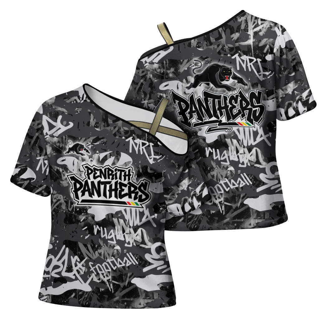 Penrith Panthers Rugby Cross Shoulder Shirt Graffiti Typography Urban Camo Abstract Street Style