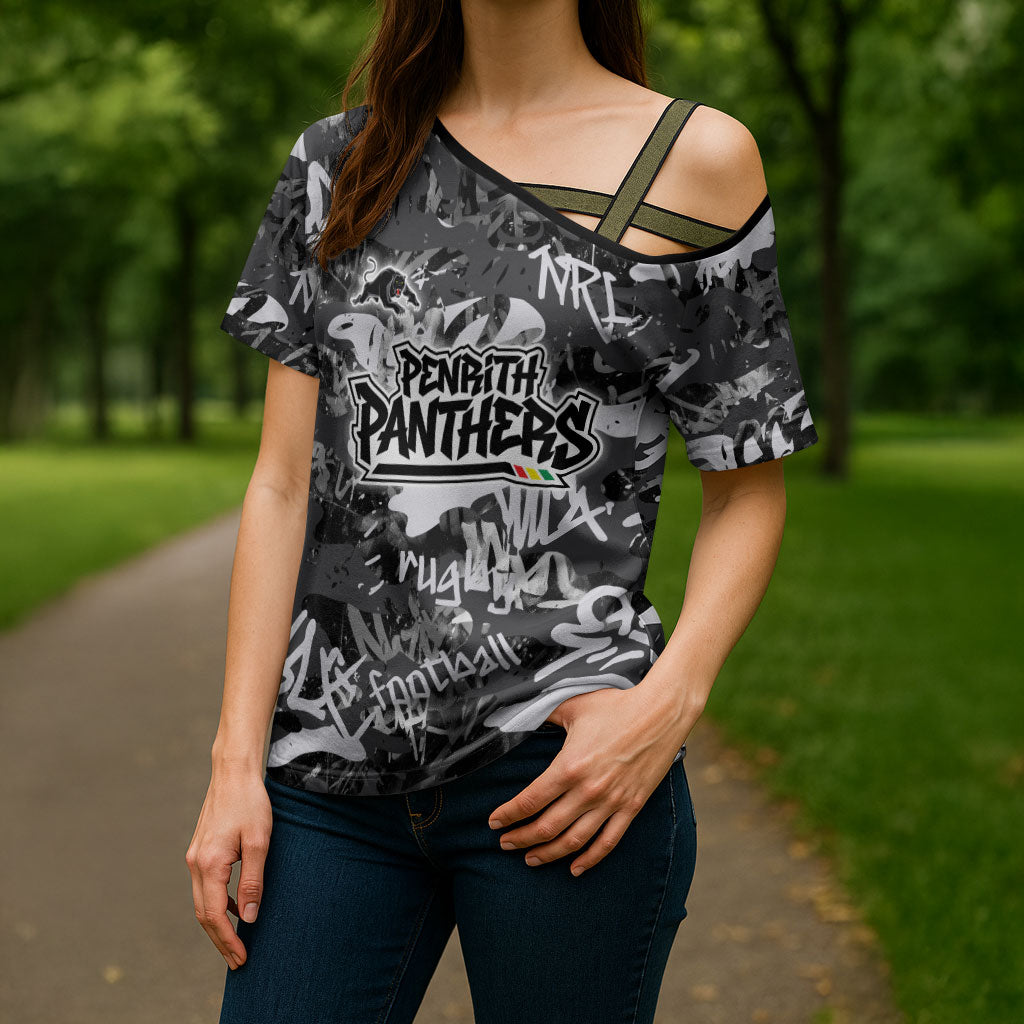 Penrith Panthers Rugby Cross Shoulder Shirt Graffiti Typography Urban Camo Abstract Street Style