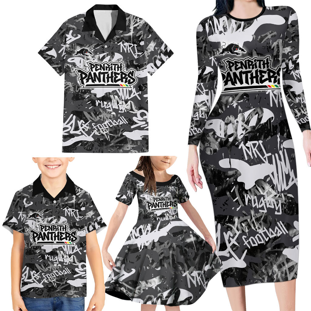 Penrith Panthers Rugby Family Matching Long Sleeve Bodycon Dress and Hawaiian Shirt Graffiti Typography Urban Camo Abstract Street Style