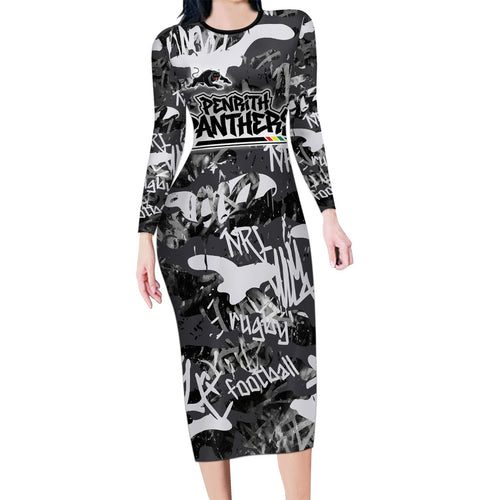 Penrith Panthers Rugby Family Matching Long Sleeve Bodycon Dress and Hawaiian Shirt Graffiti Typography Urban Camo Abstract Street Style