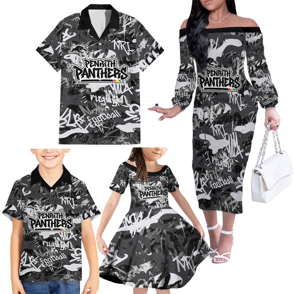 Penrith Panthers Rugby Family Matching Off The Shoulder Long Sleeve Dress and Hawaiian Shirt Graffiti Typography Urban Camo Abstract Street Style