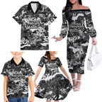 Penrith Panthers Rugby Family Matching Off The Shoulder Long Sleeve Dress and Hawaiian Shirt Graffiti Typography Urban Camo Abstract Street Style