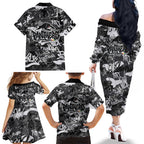 Penrith Panthers Rugby Family Matching Off The Shoulder Long Sleeve Dress and Hawaiian Shirt Graffiti Typography Urban Camo Abstract Street Style