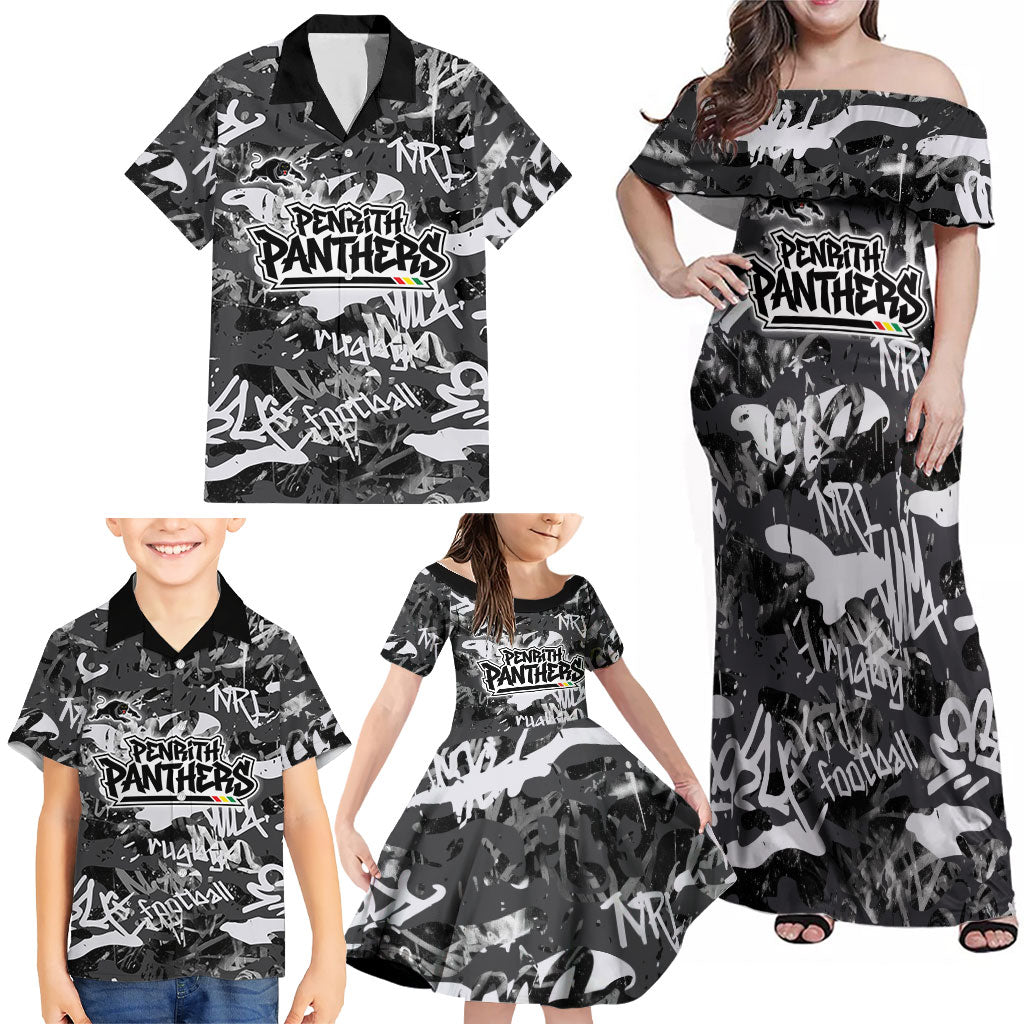 Penrith Panthers Rugby Family Matching Off Shoulder Maxi Dress and Hawaiian Shirt Graffiti Typography Urban Camo Abstract Street Style