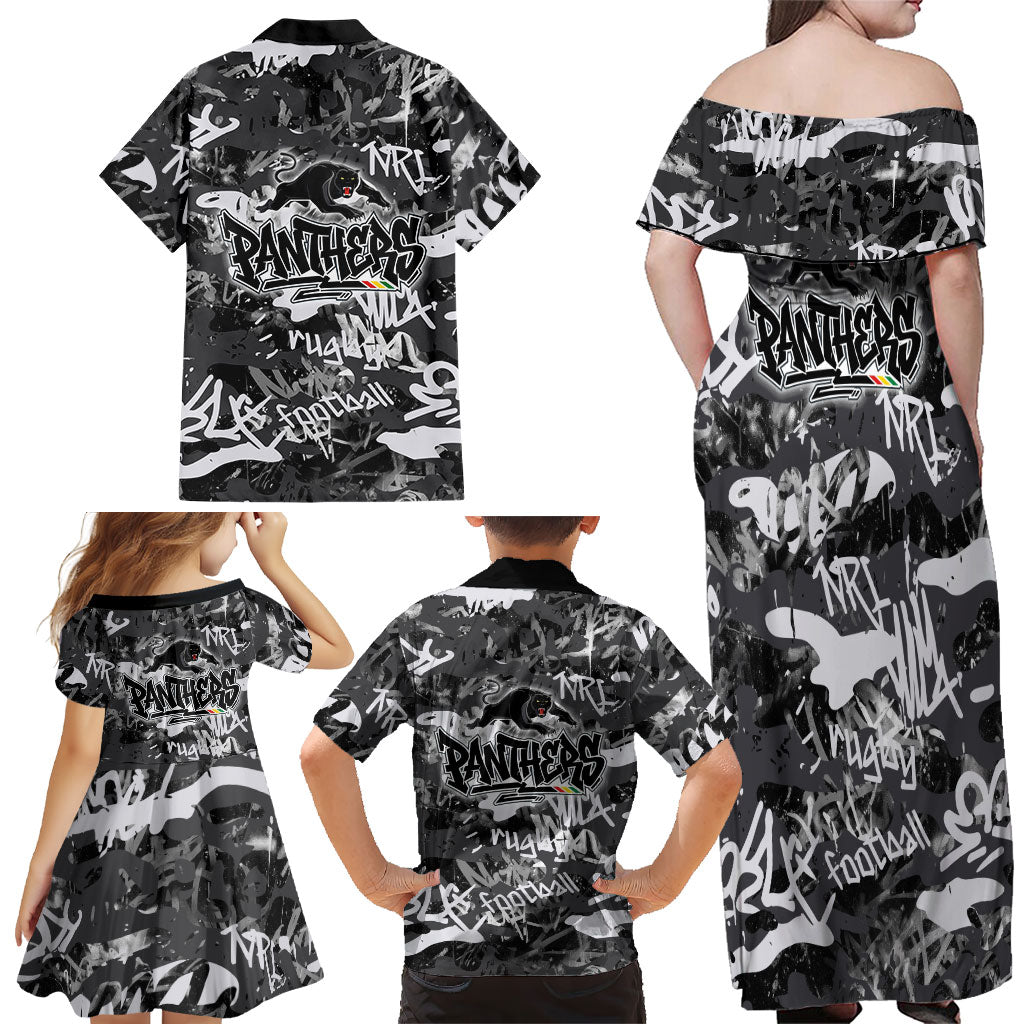 Penrith Panthers Rugby Family Matching Off Shoulder Maxi Dress and Hawaiian Shirt Graffiti Typography Urban Camo Abstract Street Style