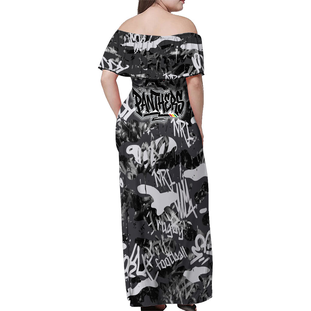 Penrith Panthers Rugby Family Matching Off Shoulder Maxi Dress and Hawaiian Shirt Graffiti Typography Urban Camo Abstract Street Style
