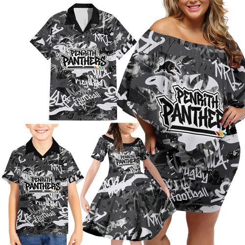 Penrith Panthers Rugby Family Matching Off Shoulder Short Dress and Hawaiian Shirt Graffiti Typography Urban Camo Abstract Street Style