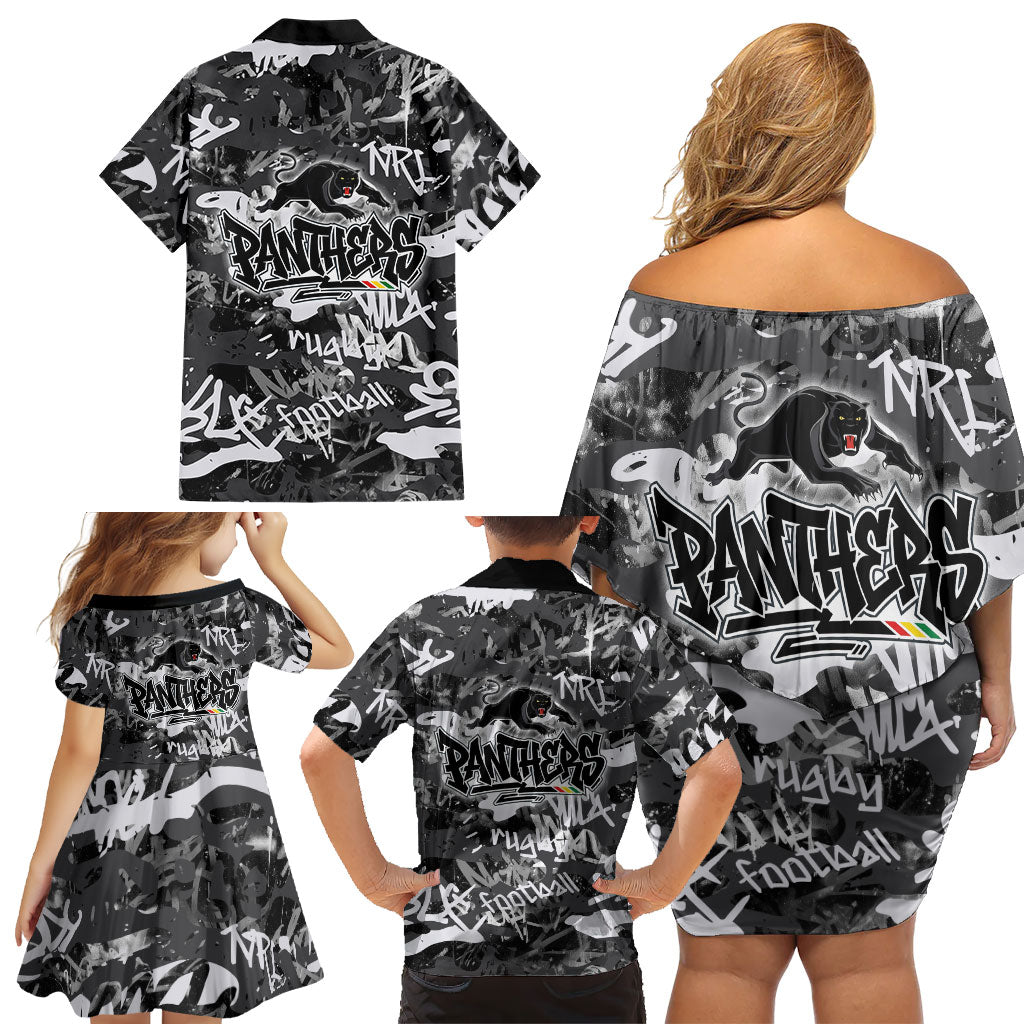 Penrith Panthers Rugby Family Matching Off Shoulder Short Dress and Hawaiian Shirt Graffiti Typography Urban Camo Abstract Street Style