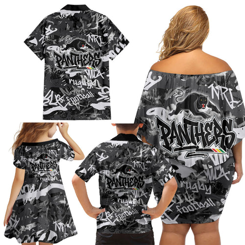 Penrith Panthers Rugby Family Matching Off Shoulder Short Dress and Hawaiian Shirt Graffiti Typography Urban Camo Abstract Street Style