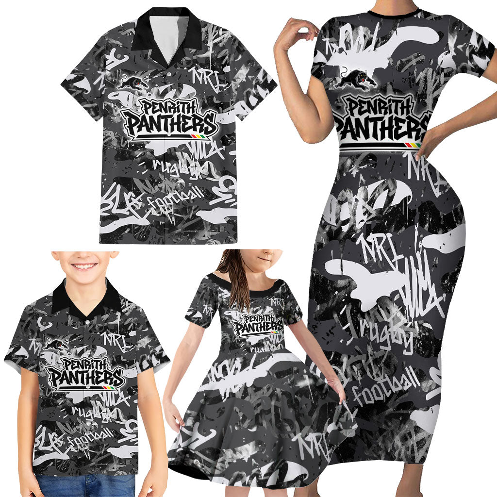 Penrith Panthers Rugby Family Matching Short Sleeve Bodycon Dress and Hawaiian Shirt Graffiti Typography Urban Camo Abstract Street Style