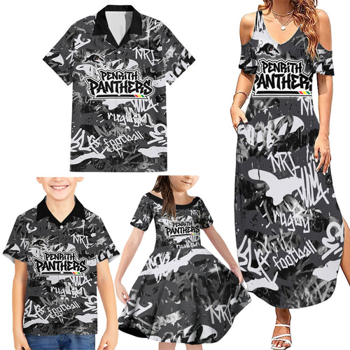 Penrith Panthers Rugby Family Matching Summer Maxi Dress and Hawaiian Shirt Graffiti Typography Urban Camo Abstract Street Style
