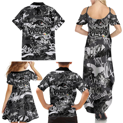Penrith Panthers Rugby Family Matching Summer Maxi Dress and Hawaiian Shirt Graffiti Typography Urban Camo Abstract Street Style