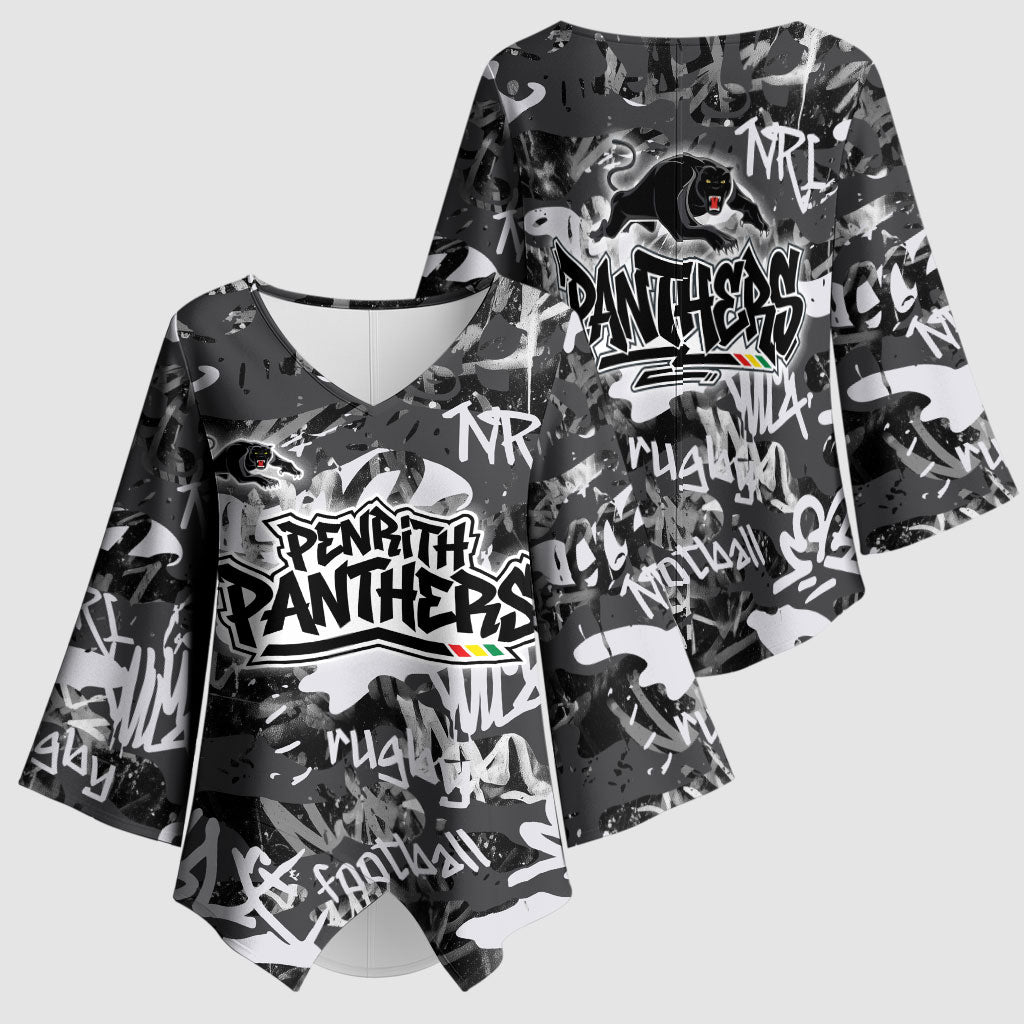 Penrith Panthers Rugby Kimono Sleeve Blouse Graffiti Typography Urban Camo Abstract Street Style