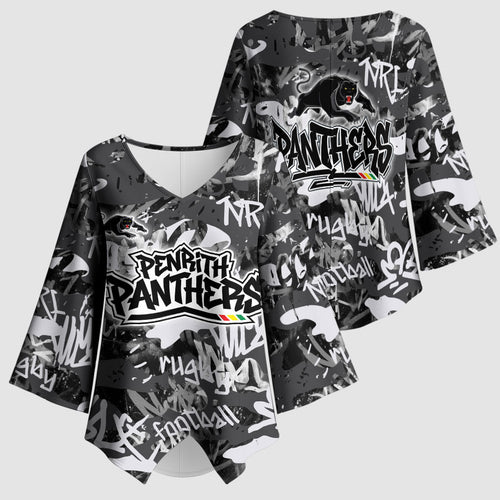 Penrith Panthers Rugby Kimono Sleeve Blouse Graffiti Typography Urban Camo Abstract Street Style