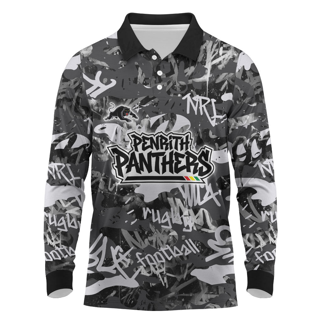 Penrith Panthers Rugby Long Sleeve Polo Shirt Graffiti Typography Urban Camo Abstract Street Style
