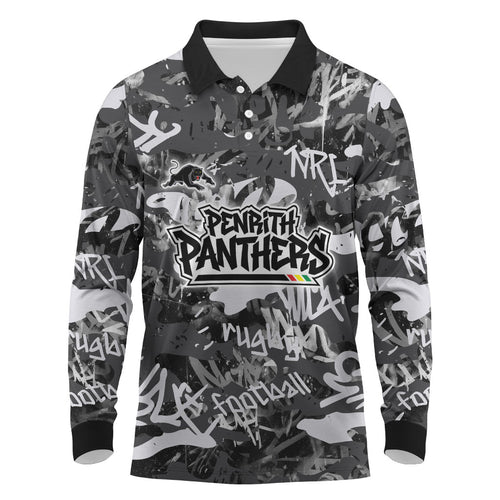 Penrith Panthers Rugby Long Sleeve Polo Shirt Graffiti Typography Urban Camo Abstract Street Style