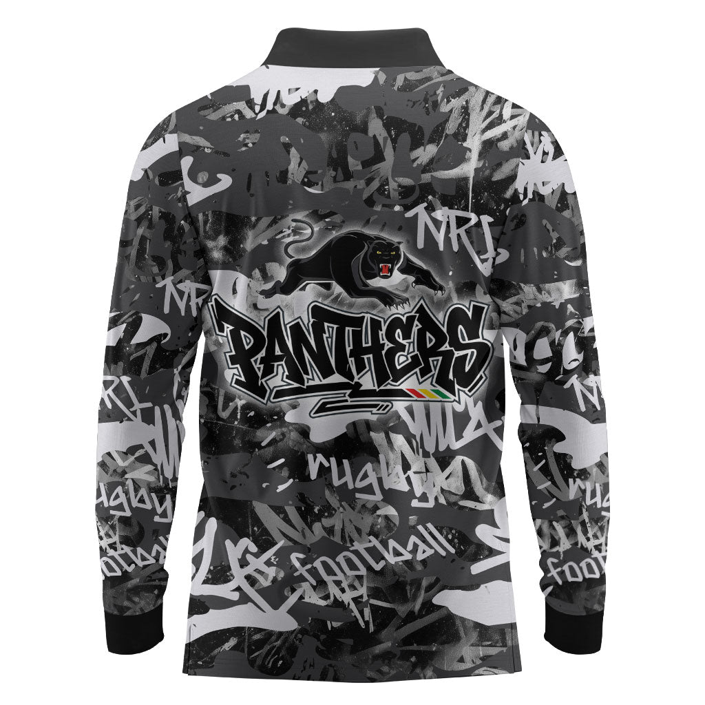 Penrith Panthers Rugby Long Sleeve Polo Shirt Graffiti Typography Urban Camo Abstract Street Style