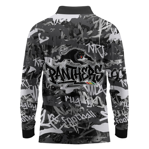 Penrith Panthers Rugby Long Sleeve Polo Shirt Graffiti Typography Urban Camo Abstract Street Style