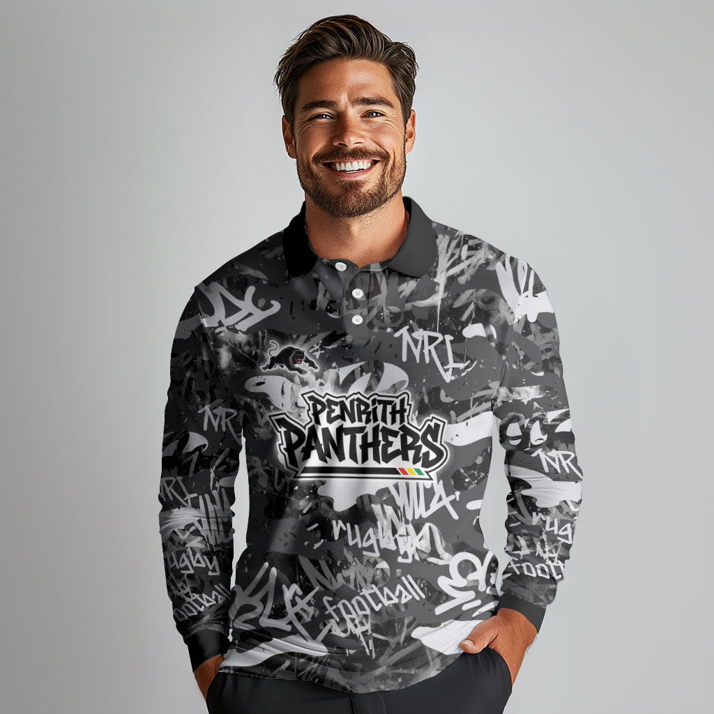 Penrith Panthers Rugby Long Sleeve Polo Shirt Graffiti Typography Urban Camo Abstract Street Style