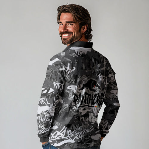 Penrith Panthers Rugby Long Sleeve Polo Shirt Graffiti Typography Urban Camo Abstract Street Style