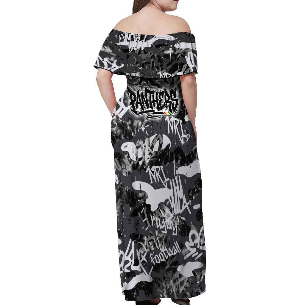 Penrith Panthers Rugby Off Shoulder Maxi Dress Graffiti Typography Urban Camo Abstract Street Style