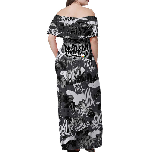 Penrith Panthers Rugby Off Shoulder Maxi Dress Graffiti Typography Urban Camo Abstract Street Style