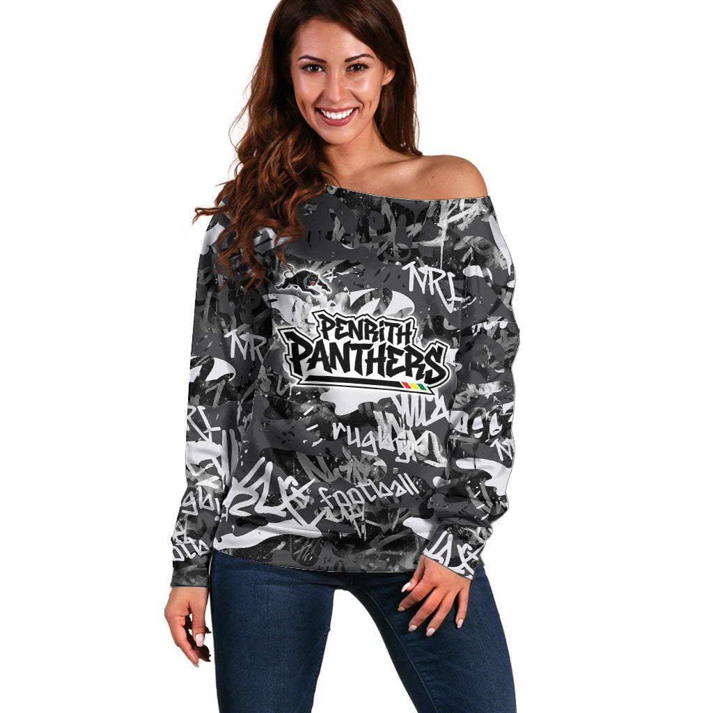Penrith Panthers Rugby Off Shoulder Sweater Graffiti Typography Urban Camo Abstract Street Style