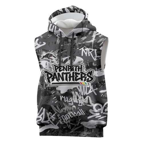 Penrith Panthers Rugby Sleeveless Hoodie Graffiti Typography Urban Camo Abstract Street Style