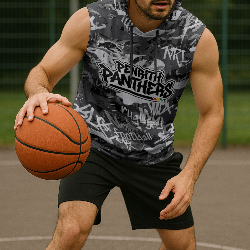 Penrith Panthers Rugby Sleeveless Hoodie Graffiti Typography Urban Camo Abstract Street Style