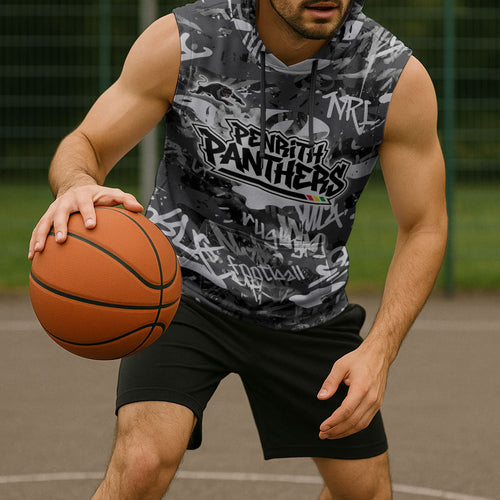 Penrith Panthers Rugby Sleeveless Hoodie Graffiti Typography Urban Camo Abstract Street Style