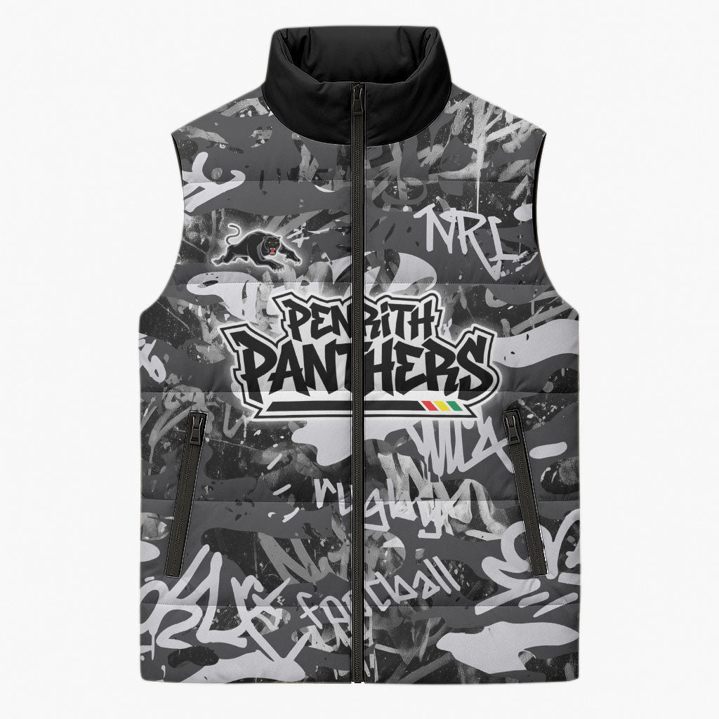 Penrith Panthers Rugby Sleeveless Puffer Jacket Graffiti Typography Urban Camo Abstract Street Style