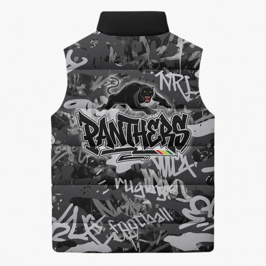 Penrith Panthers Rugby Sleeveless Puffer Jacket Graffiti Typography Urban Camo Abstract Street Style