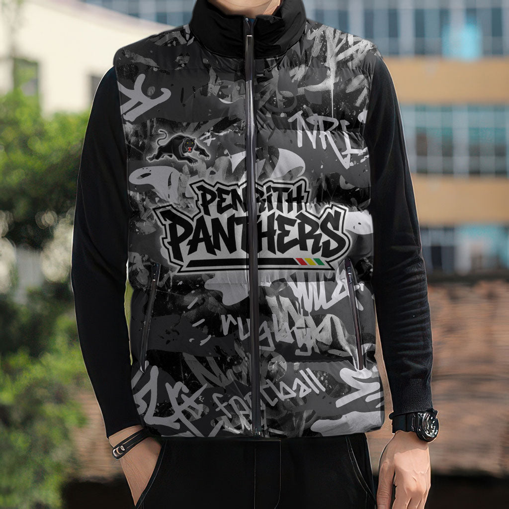 Penrith Panthers Rugby Sleeveless Puffer Jacket Graffiti Typography Urban Camo Abstract Street Style