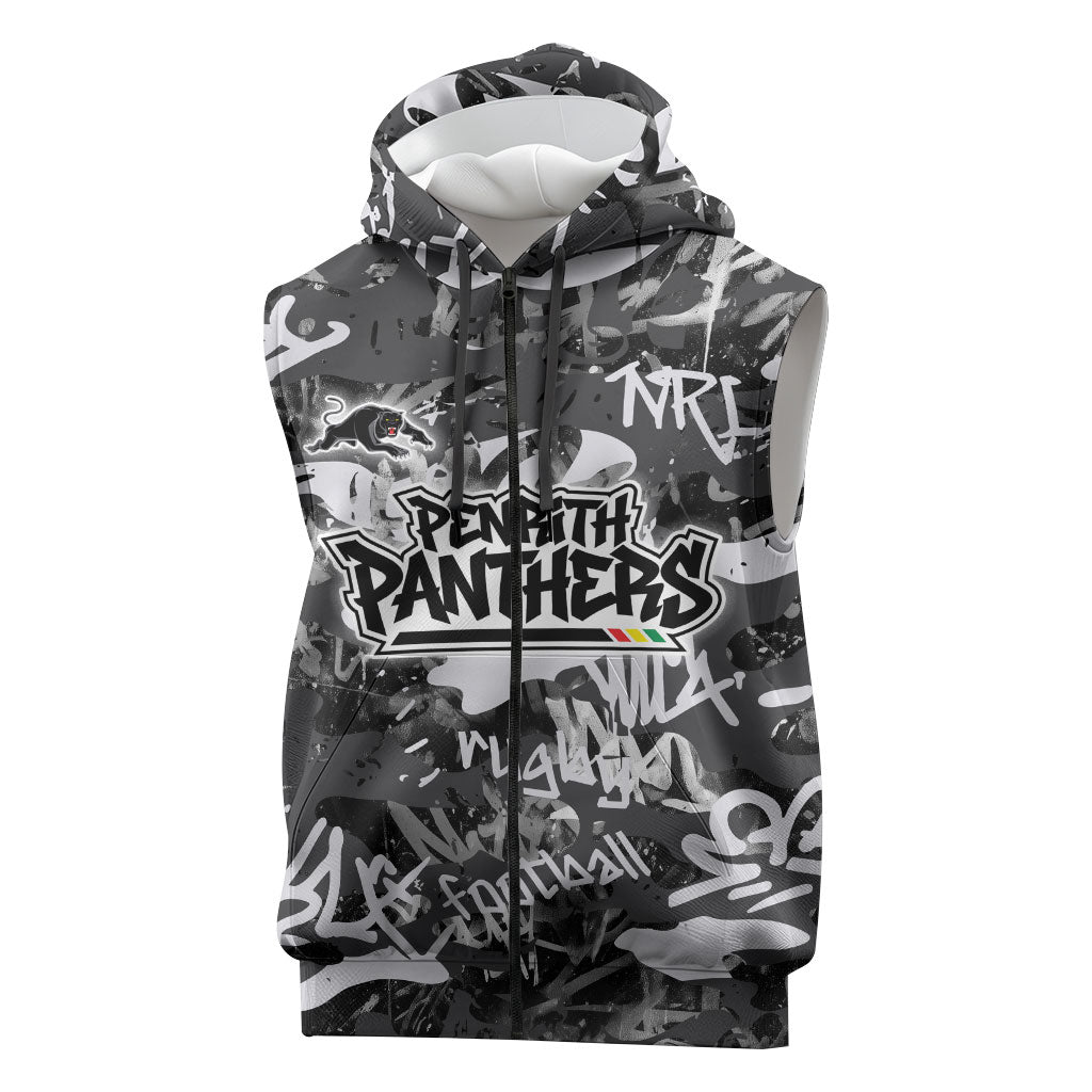 Penrith Panthers Rugby Sleeveless Zip Hoodie Graffiti Typography Urban Camo Abstract Street Style